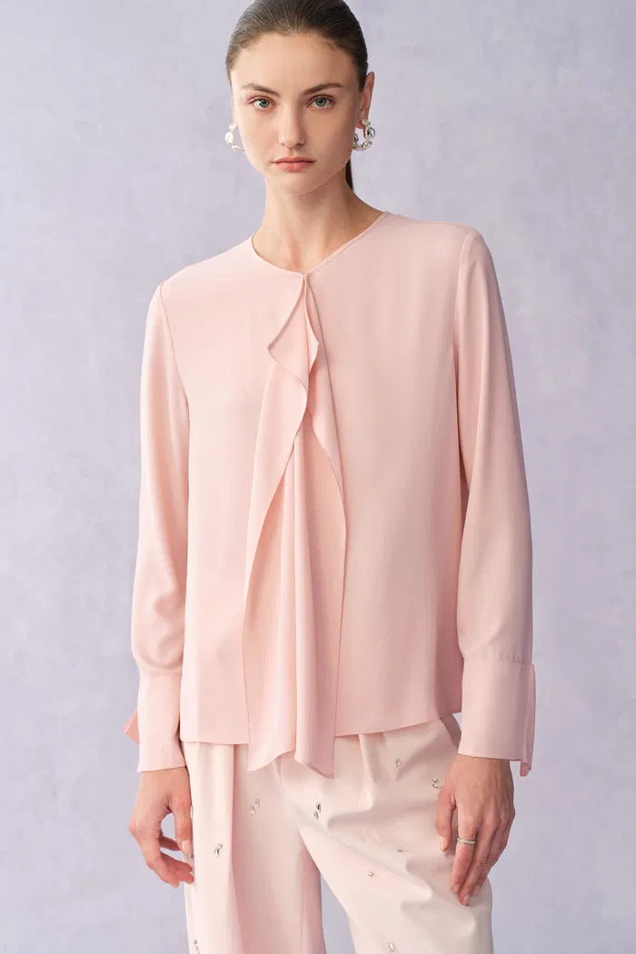 Cynerda Ruffled V-neck Blouse in Wrinkle-Resistant Crepe
