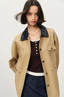 Claire Leather Trim Utility Jacket in Cotton Canvas