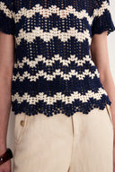 Cecilia Contrast Handcrafted Crochet Top in Cotton-Linen Blend Knit