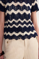 Top Cecilia a Contrasto con Crochet Artigianale in Maglia Misto Cotone-Lino