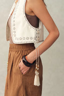 Charlie Boho Mother of Pearl Studded Side Tassel Tie Vest Top and Shorts Set in Cotton Denim