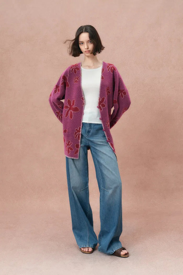 Louloudia Hand Crochet Edges Floral Jacquard Cardigan in Stretchy Merino Wool Knit