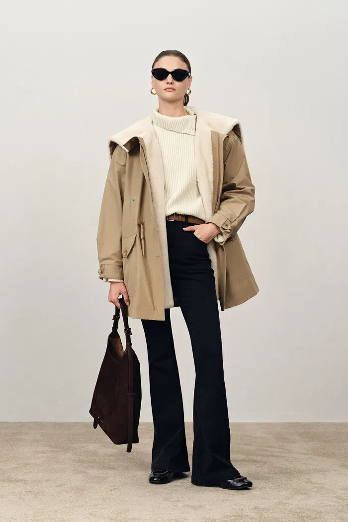 Doris Detachable Quilted Lining Fur Collar Parka in Lightweight Blend