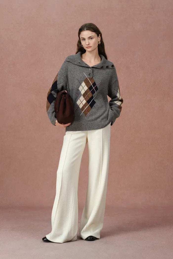 Halsey Argyle Sweater in Merino Wool Silk Blend