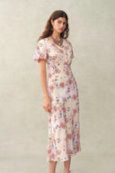 Coco Handpainted Floral Puff Sleeve Cinched Dress in Crinkle Gauze
