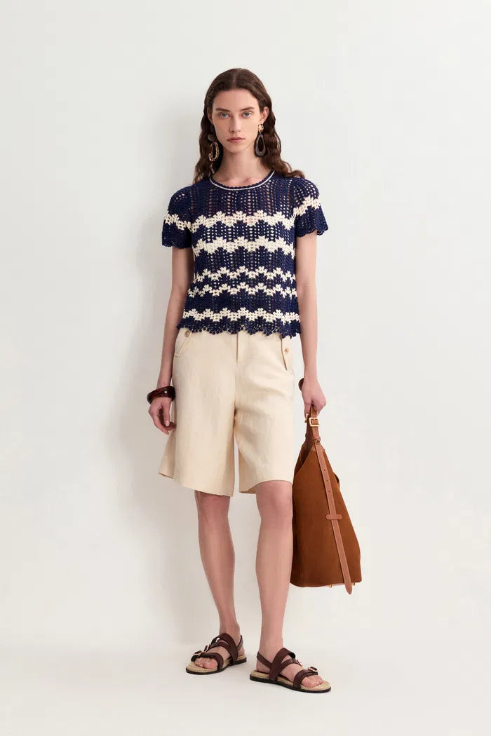 Cecilia Contrast Handcrafted Crochet Top in Cotton-Linen Blend Knit