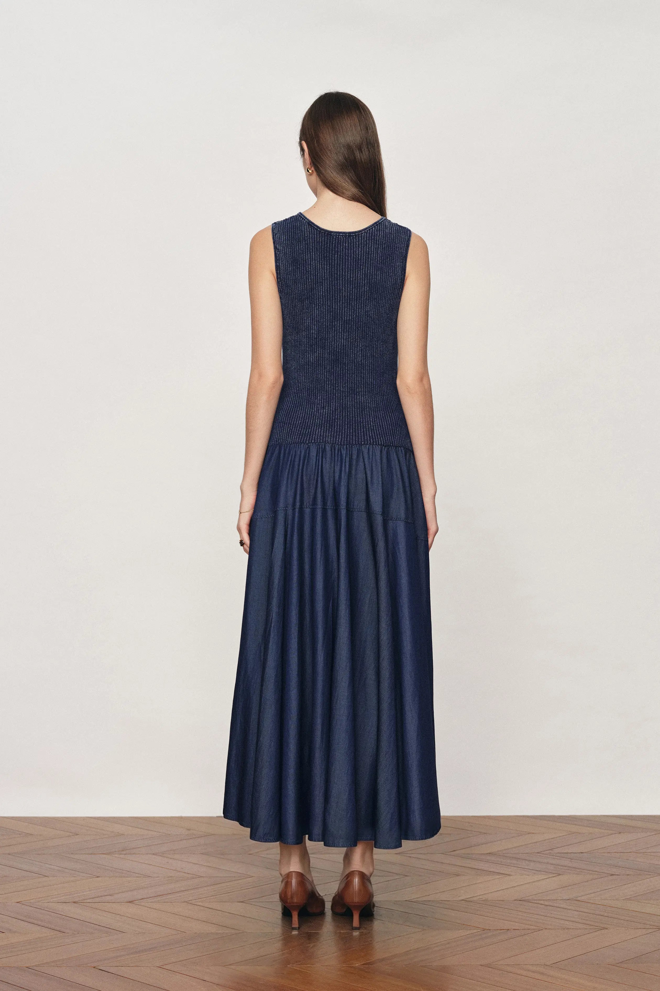 Keira Sleeveless Panel Dress in Cotton Knit with Tencel Denim S
