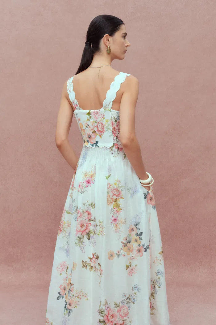 Xena Watercolor Flora Embroidery Strap Dress in Silk-Linen S/P Xena Watercolor Flora Embroidery Strap Dress in Silk-Linen S/P
