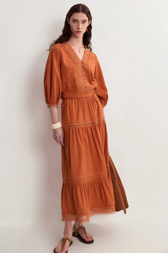 Elli Embroidery Puff Sleeve Blouse Top and Maxi Skirt Matching Set in Cotton