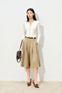 Yuri Khaki Wide Pleated Cropped Culottes in Wool Blend