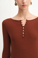 Emily Red Henley Collar Fitted Short Dress in Merino Wool Knit