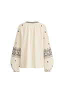 Olivia Boho Embroidered Long Sleeve Blouse Top in Premium Silk-Cotton