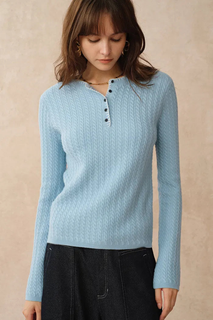 Mika Blue Henley Neck Long Sleeve Top in Merino Wool Cable Knit
