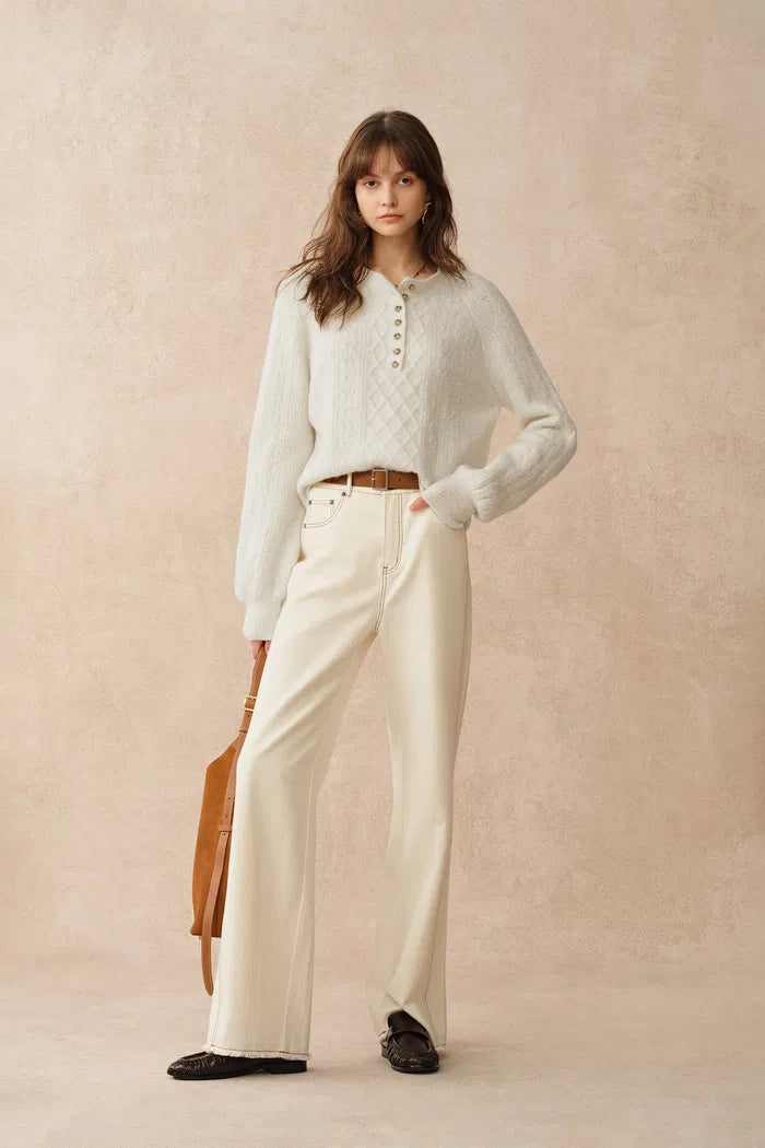 Cersei Hand Work Henley Cable Pattern Sweater in Merino Wool