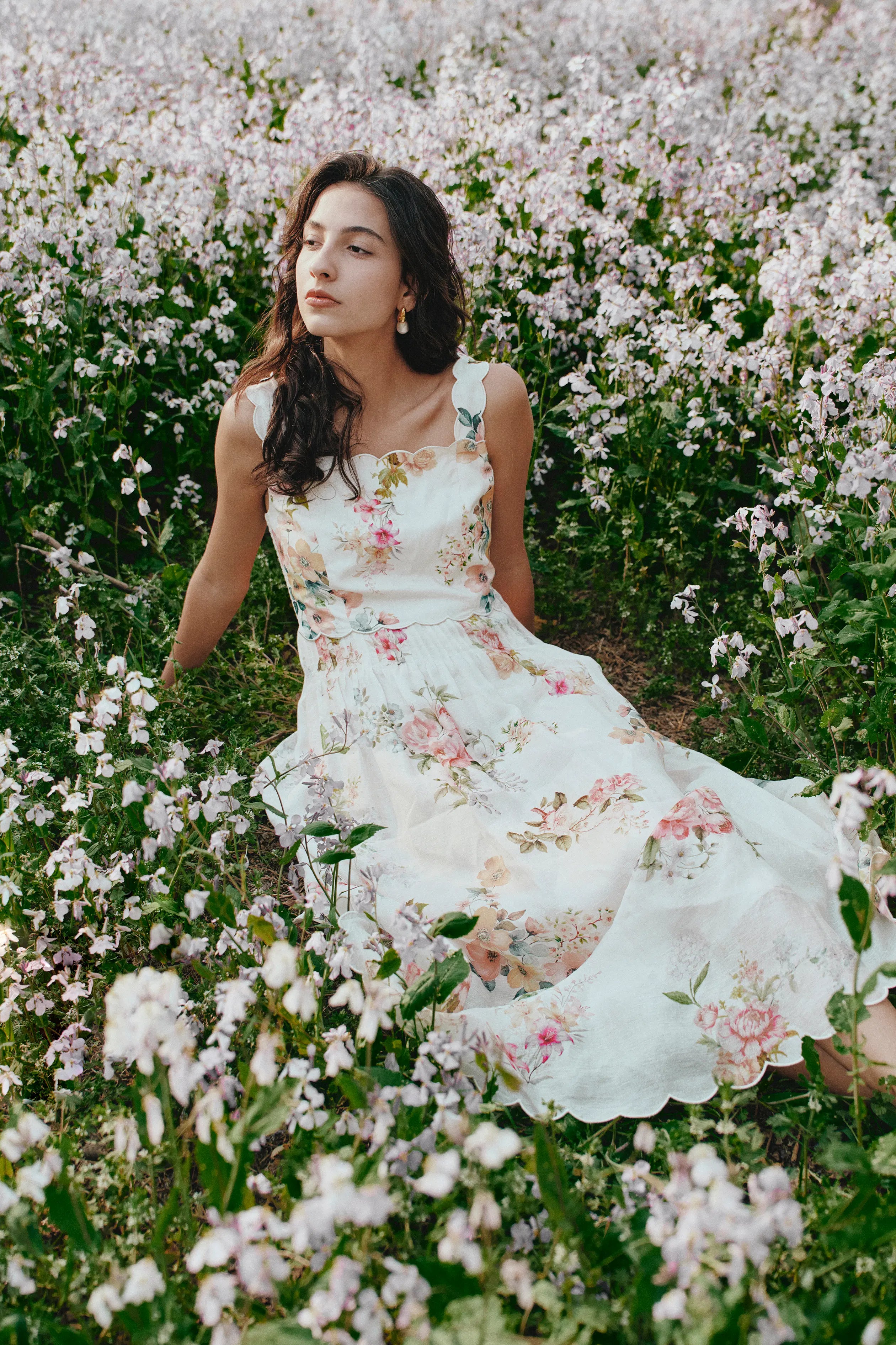 Xena Watercolor Flora Embroidery Strap Dress in Silk-Linen S/P
