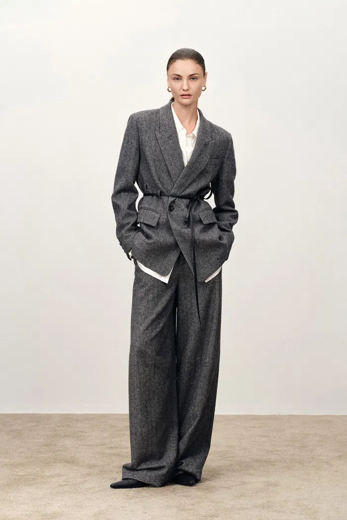 Charlie Deconstructed Asymmetric Double Belted Blazer in Merino Wool