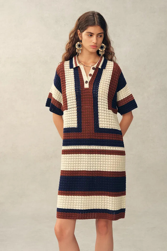 cotton knit dress Louise Short-Sleeve Crochet Dress in Cotton-Linen Knit – fbrq.com