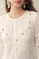 Aitana Lace Jacquard Embroidery Long Sleeves Irregular Hem Dress in Tencel Linen