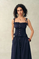 Siena Smocked Tie Front Bandeau Top and Maxi Skirt Set in Linen Blend-Dark Blue