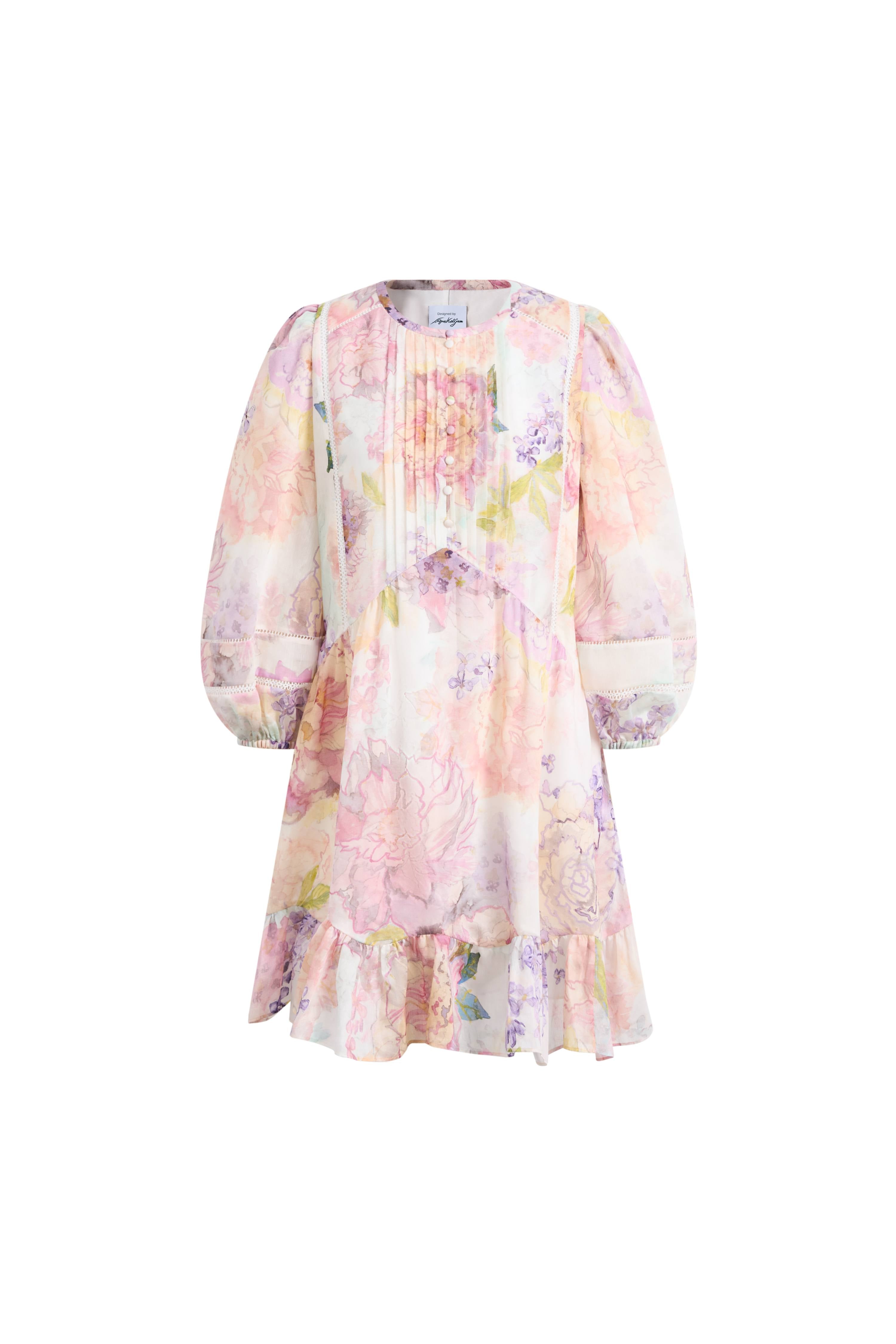 Yori Handpainted Wavy Ruffle Babydoll Dress in Silk Linen Blend –