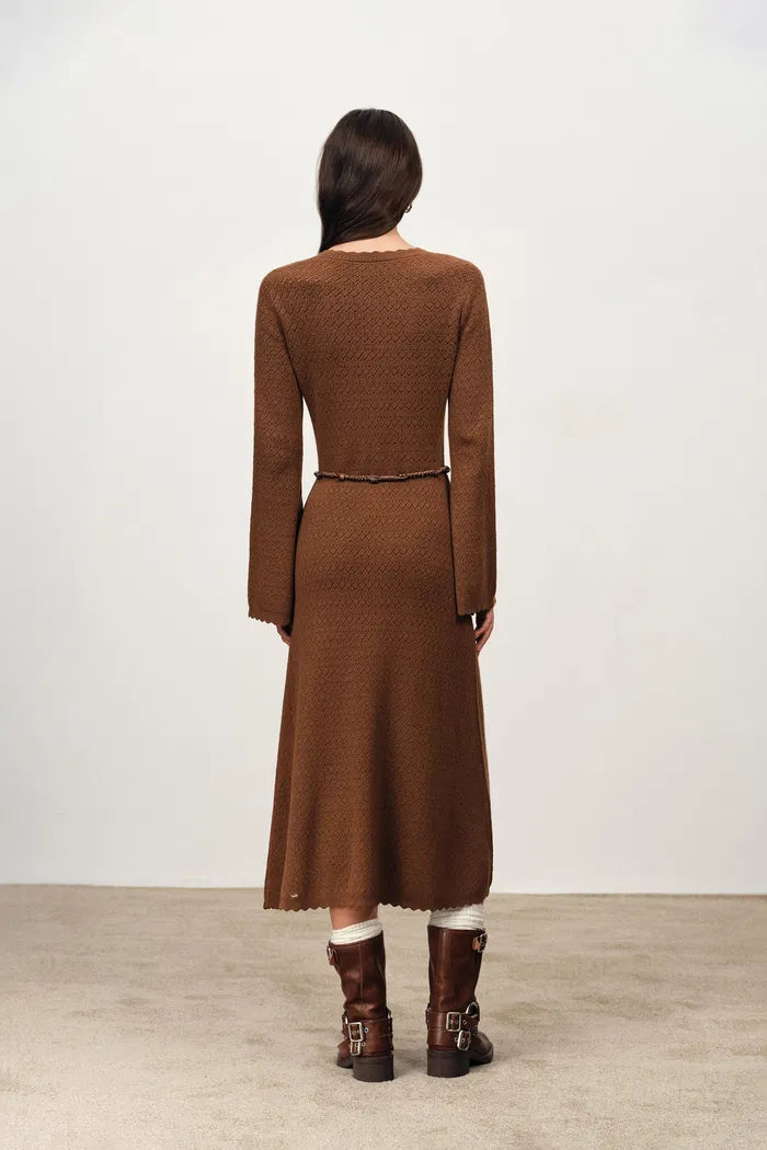 Clara Waxed Cord Belt Bell Sleeve Maxi Dress in Merino Wool Knit
