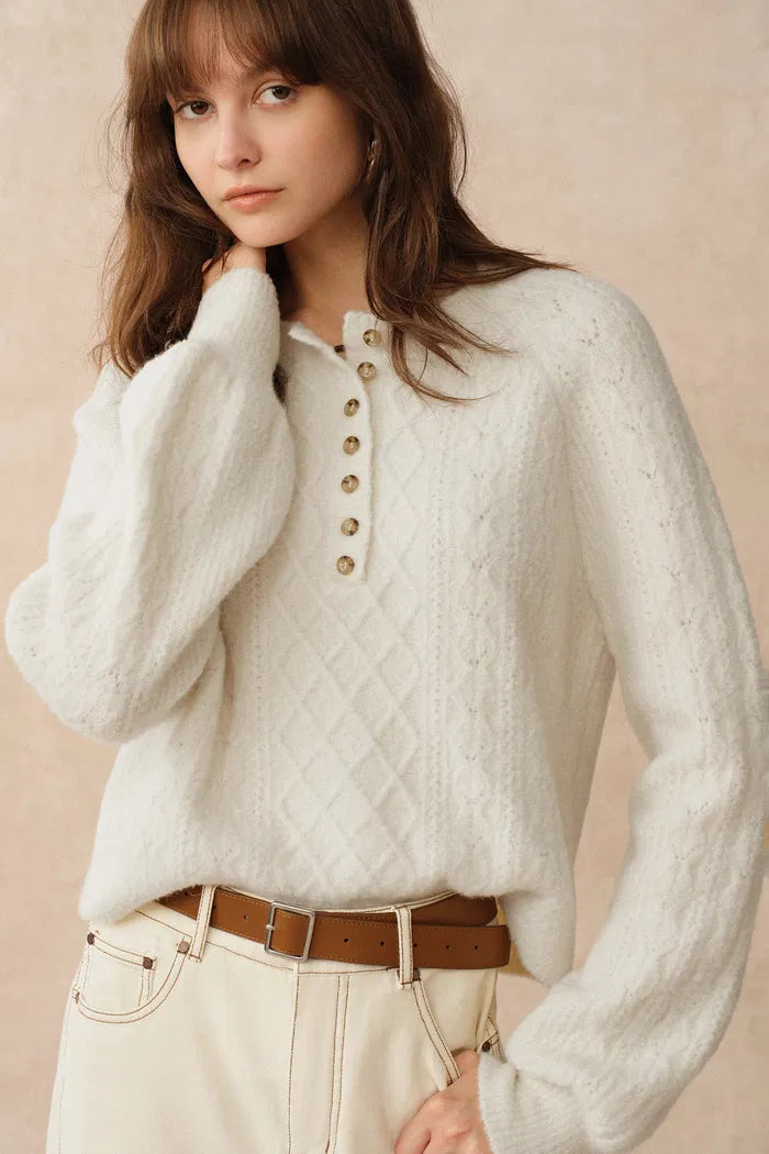 Cersei Hand Work Henley Cable Pattern Sweater in Merino Wool