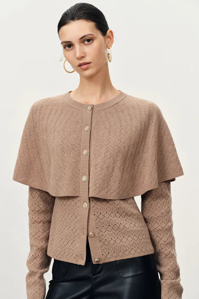 Elen Baroque Buttons Cape Style Cardigan in Wool-Cashmere Blend