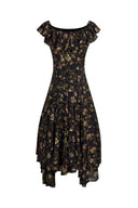 Black viscose floral dress with ruffled off-shoulder neckline and asymmetrical hem, front view on white background