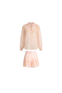 Conjunto de blusa y shorts Lillian con bordado floral pintado a mano, estampado ombré transparente en organza de seda y lino