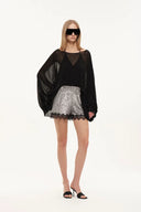 Crystalline Silver Sequin Lace Trim Shorts in Sequin Mesh