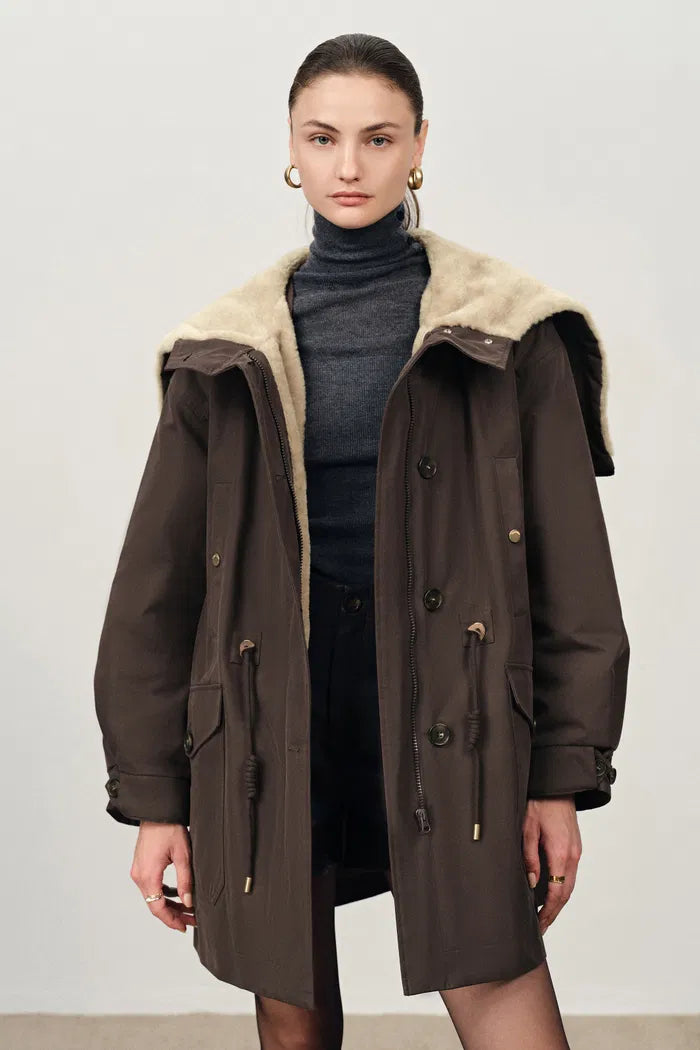 Doris Detachable Quilted Lining and Fur Collar Parka in Cotton Blend Twill