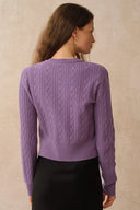 Jinji Purple Lace Trim Light Short Cardigan in Wool Cable Knit