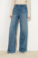 Eleanor Crystal Embellished Straight Leg Jeans in Cotton Denim