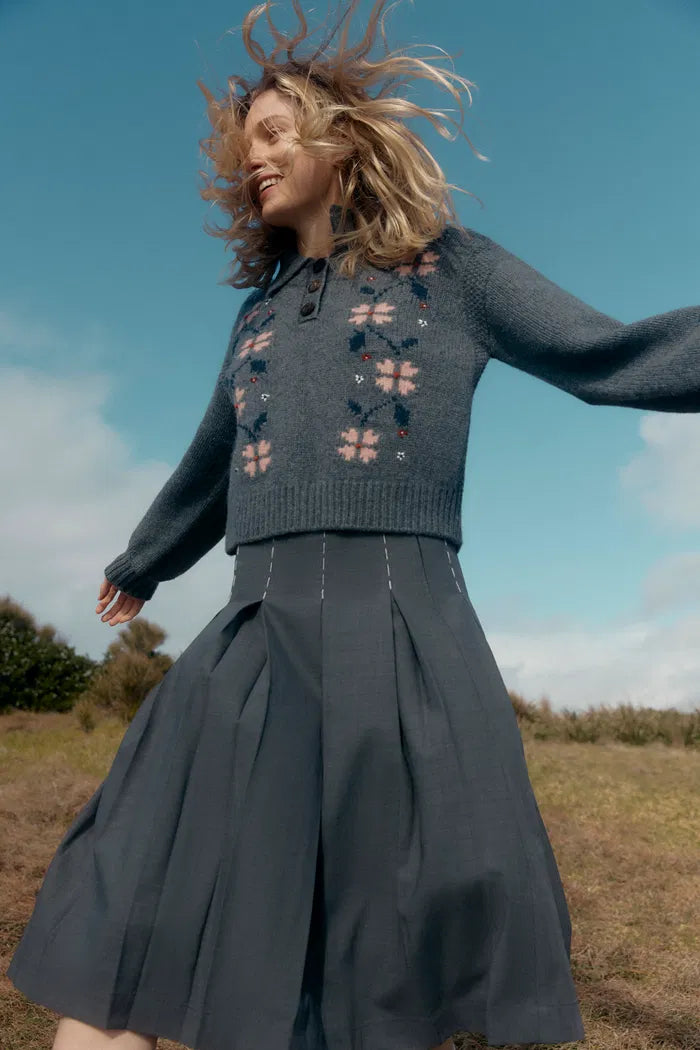 Fika Floral Knit Polo Shirt in Merino Wool Knit