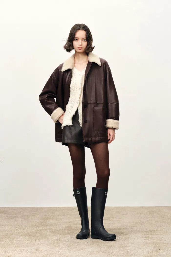 Holme Fur Collar Quilted Leather Jacket in Faux Leather