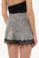 Crystalline Silver Sequin Lace Trim Shorts in Sequin Mesh