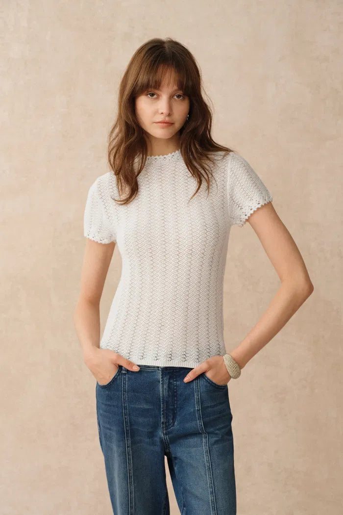 Lowell Open Knit Crew Neck Top in Australian Merino Wool