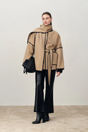 Manteau en laine double face avec garniture cuir Lycoris en mérinos cachemire