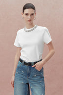 Camiseta Becky con Cuello de Joya Desmontable y Mangas Cortas en Algodón Acanalado