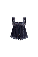 Blaze Boho Embroidery Fringe Tie Front Sleeveless Top in Crinkled Georgette