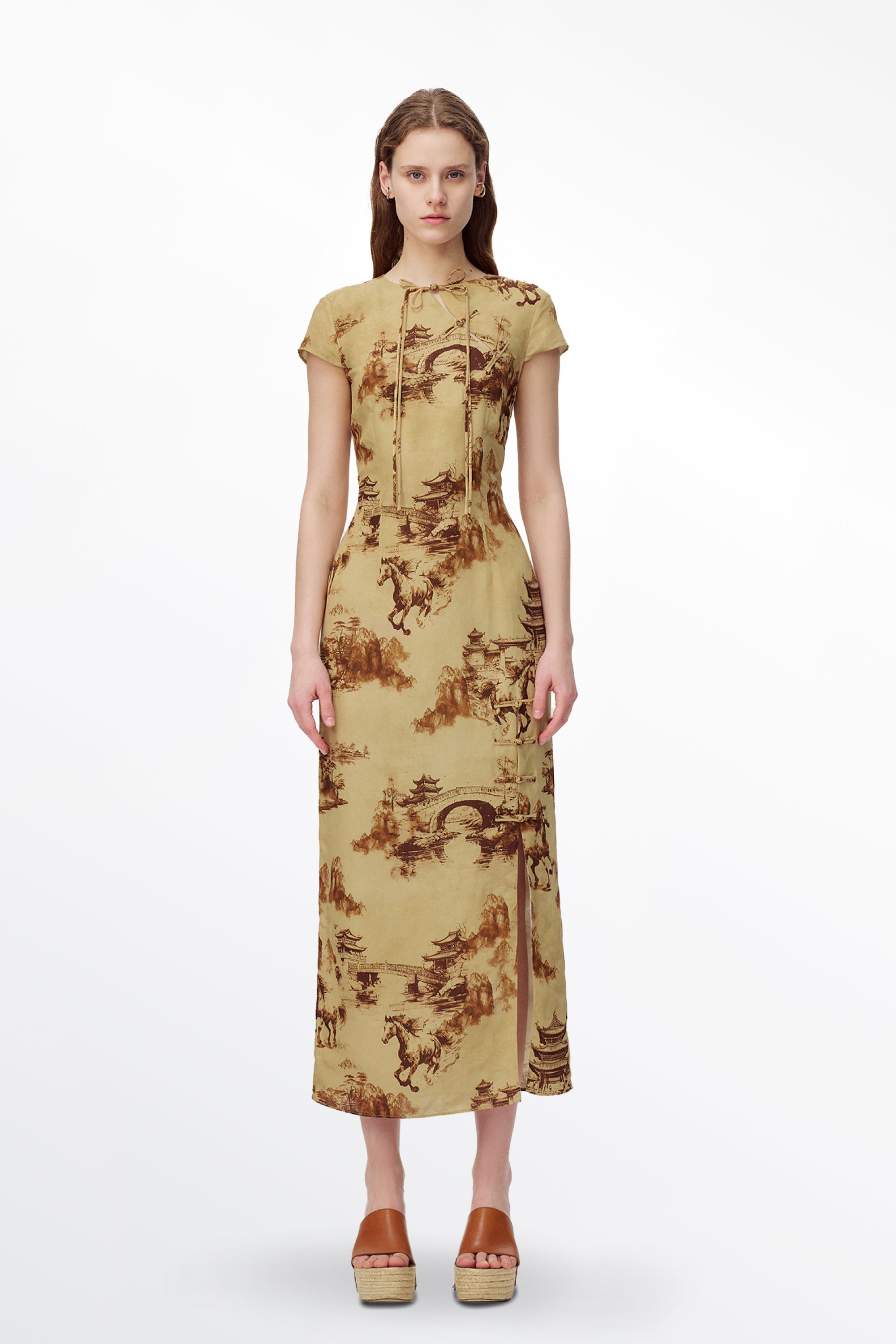 Tansya Oriental Print Qipao Dress in Viscose Blend