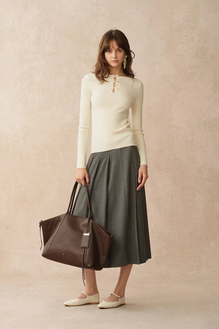 Eden White Bow Tie Cutwork Wool Long Sleeve Top in Merino Wool Knit