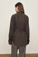 Faye Brown Belted Roll Tab Sleeves Safari Blouse