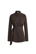 Faye Brown Belted Roll Tab Sleeves Safari Blouse