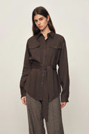 Faye Brown Belted Roll Tab Sleeves Safari Blouse