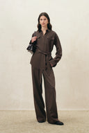 Faye Brown Belted Roll Tab Sleeves Safari Blouse