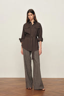 Faye Brown Belted Roll Tab Sleeves Safari Blouse