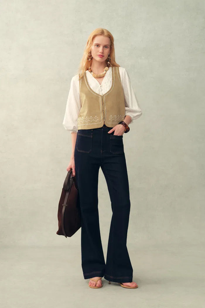 Vestsue Faux Embroidered Suede Sleeveless Vest Top