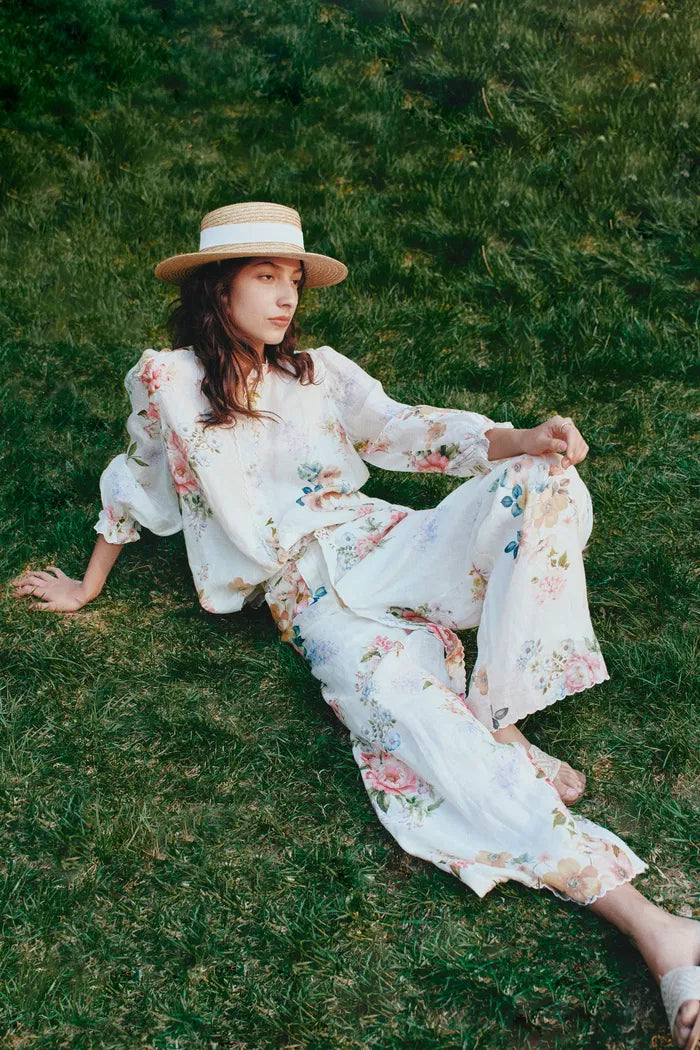 Alice Watercolor Flora Pants in Silk-Linen