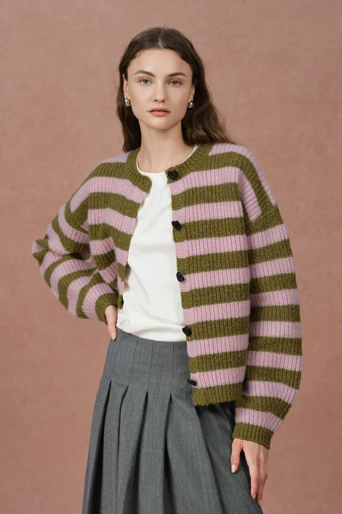 Valentina Balloon Sleeve Striped Cardigan in Merino Wool Knit